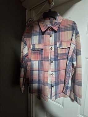Pink and Blue Plaid Button-Up Shacket